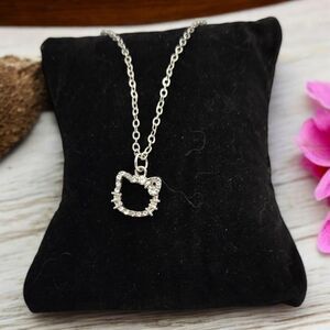 Hello Kitty Rhinestone Silver Pendant Cut-Out Necklace Cat Face Pendant Jewelry